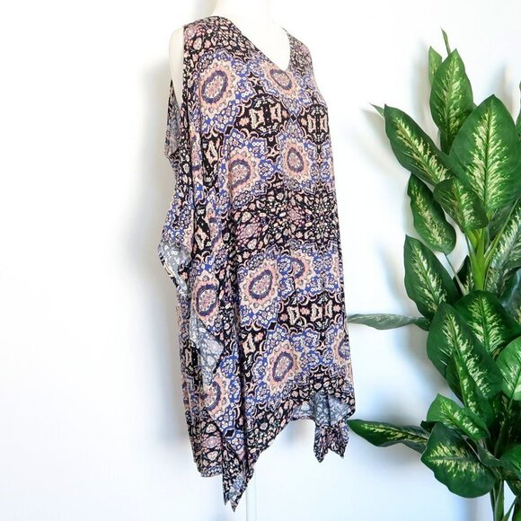 ASTR Blue Black Print Cold Shoulder Handkerchief Shift Mini Dress Tunic Coverup - Picture 8 of 13